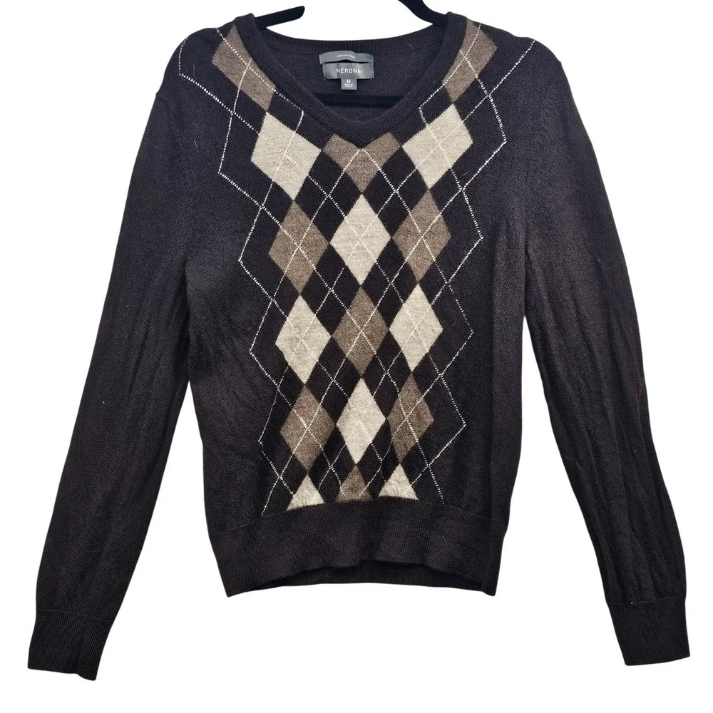 Merona Mens Brown 100% Merino Wool Argyle V-Neck Sweater Size M‎ F16750986